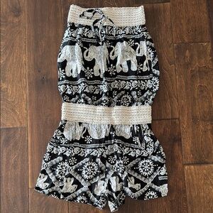 Boho Elephant Print Black and White Romper